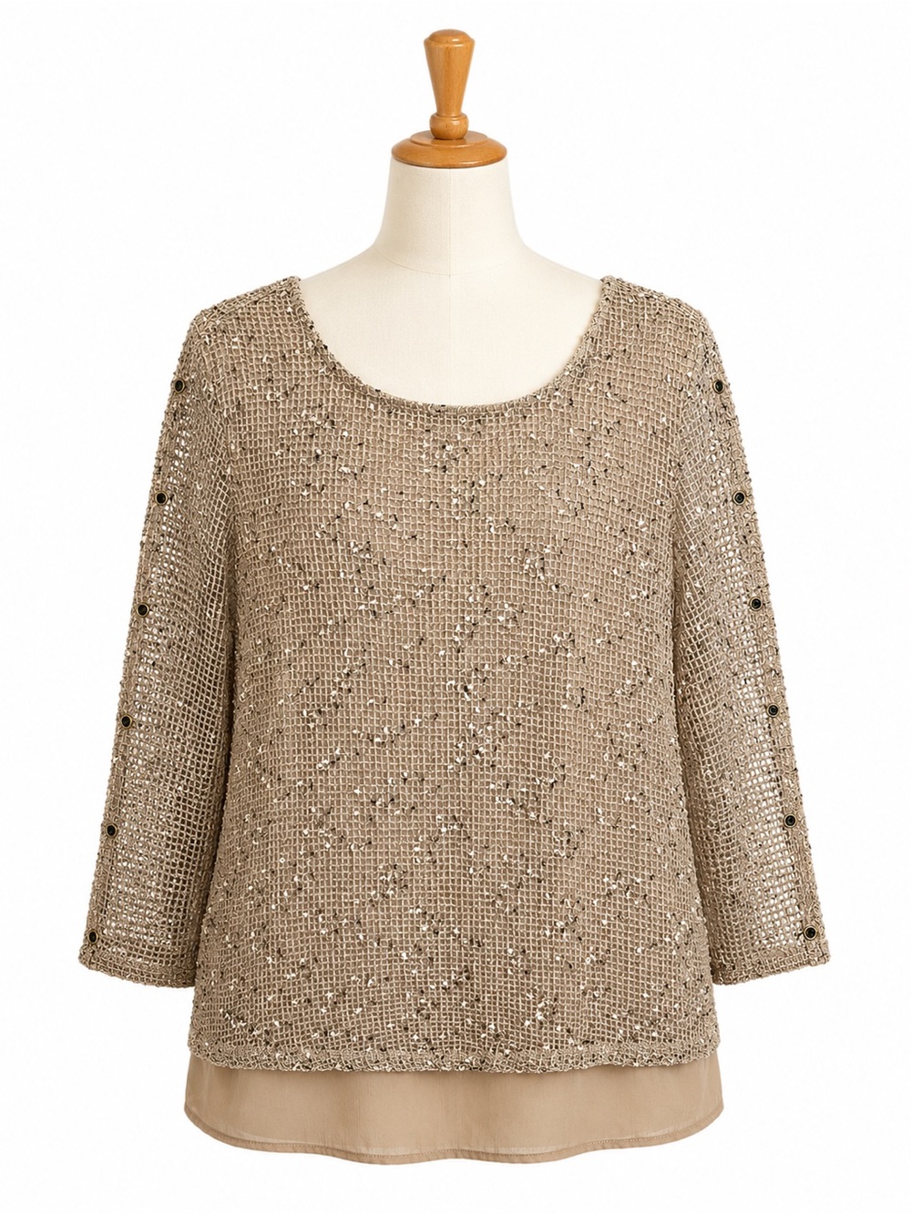 Alfred Dunner Popcorn Mesh Top Tan size Large Weave Knit Tan Cream